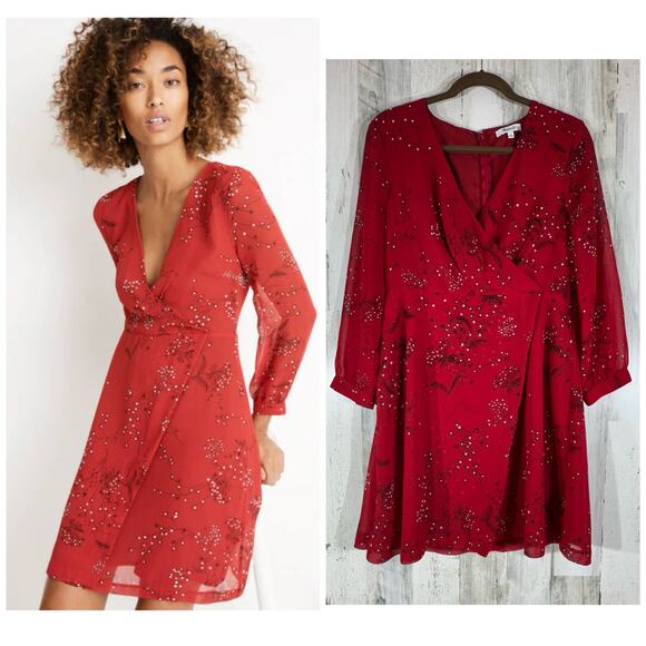 Madewell Hazelwood Faux Wrap Mini Dress Size 10 Red Windswept Floral Holiday - Picture 1 of 8